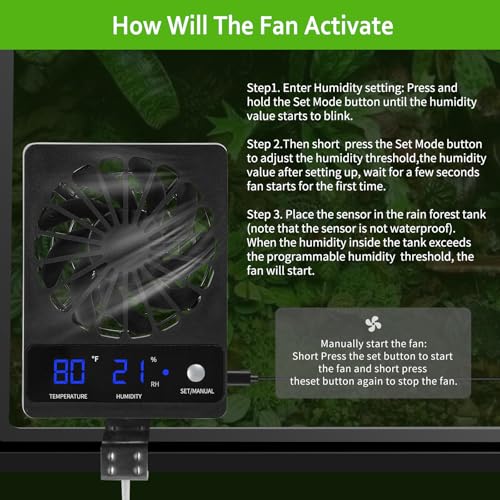 Reptile Tank Fan with Thermometer & Hygrometer | LED Display, Auto Ventilation for Enclosures & Terrariums