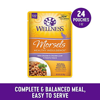 Wellness Healthy Indulgence Morsels Adult Wet Cat Food, Natural, Protein Rich, Grain Free, Chicken Recipe, 3 oz, Pack of 24 Pouches