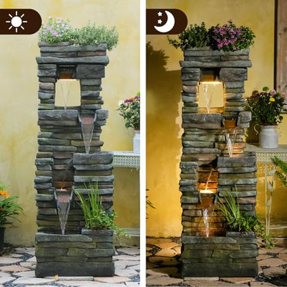 Tankana 60 inches Large Outdoor Water Fountain Waterfall — Garden Rock Fountains 4-Tiered Waterfalls Outdoor with Lights Natural Stone Look Hollow Fountain for Patio Pool Porch Backyard, Stone Gray