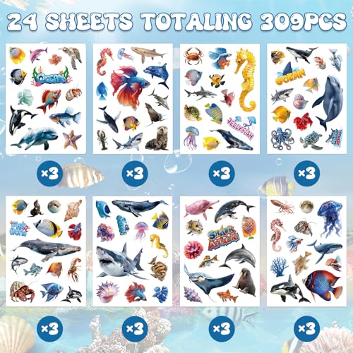 309 Pcs Ocean Animals Stickers, Under The Sea Animal Fish Shark Beach Stickers for Craft Supplies Classroom Rewards Ocean Sea Party Decorations - style: Ocean Animals