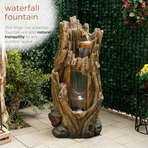 Alpine Corporation TZL338 Outdoor 3 Tier Waterfall Tree Trunk Floor Fountain with LED Lights for Patio, and Lawn Decor, 59 Inches Tall - style: 3-Tier 59" H - Cool White LEDs