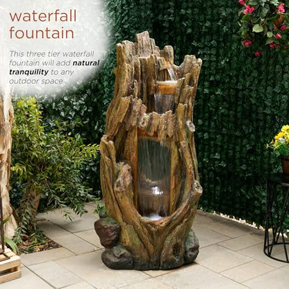 Alpine Corporation TZL338 Outdoor 3 Tier Waterfall Tree Trunk Floor Fountain with LED Lights for Patio, and Lawn Decor, 59 Inches Tall - style: 3-Tier 59" H - Cool White LEDs