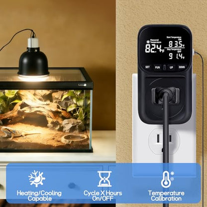 1800W Digital Thermostat for Reptile Tank, -40℉~210℉, Plug in Thermostat for Heater/Greenhouse with 5m/2m Cable, 15A Temperature Controlled Outlet with VA Display, Temp ±0.1°F, Black - color: Plug In-black