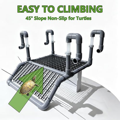 Extra Large Turtle Basking Platform with Ramp, Height-Adjustable(7.9"-13.9") PVC Dock, Non-Slip Mesh, Above Water Dry Area, 1 Piece of Artificial Turf (11.8“ x 7.87”) Included