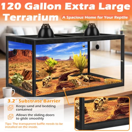 120 Gallon Bearded Dragon Tank, 4x2x2 Reptile Enclosure with Tempered Glass Sliding Doors, Lockable Front Opening and Metal Mesh Top, Large Terrarium for Lizards and Snakes, Black - color: Black