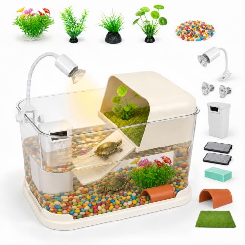 Baby Turtle Tank Starter Kit with UVA/UVB Lamp and Water Filter | Clear PC habitat with cream-white base, textured climbing ramp, ceramic hideout, four plants, grass mat and cleaning sponge