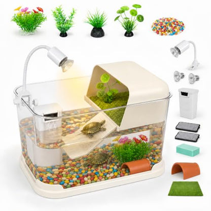 Baby Turtle Tank Starter Kit with UVA/UVB Lamp and Water Filter | Clear PC habitat with cream-white base, textured climbing ramp, ceramic hideout, four plants, grass mat and cleaning sponge