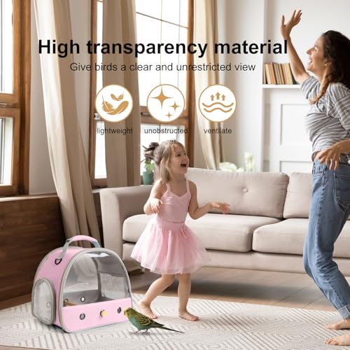 Bird Carrier, Portable Small Bird Parrot Parakeet Carrier with Standing Perch and Mat, Side Access Window Collapsible (Pink, Clear Windows) - color: Pink