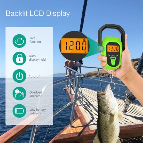 ORIA Digital Fish Scale with Lip Gripper, 110lb/50kg, Batteries Included | Waterproof, 3 Units, LCD Backlit, 38'' Built-in Tape Measure, Non-slip Ergonomic Handle, for Luggage Home Outdoor - color: Green