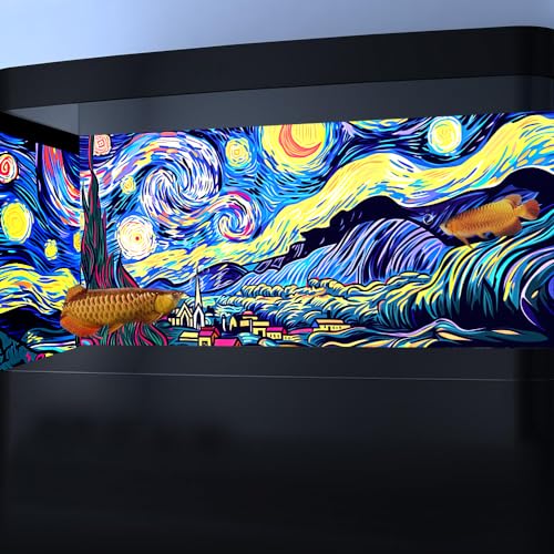 24X12IN Blacklight Vincent Van Gogh Black Light Aquarium Background, UV Fish Tank Background Art Star Oil Painting Terrarium Background with 10 EVA Double-Sided Tape - size: 24X12in/60X30cm