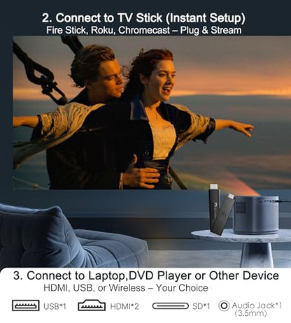 Miroir Mini Projector, Home HD Projector with Built-in Speaker, Auto Focus, Keystone Correction, Portable for Outdoor Movies, Compatible with Smartphone, TV Stick, Laptop, HDMI, USB