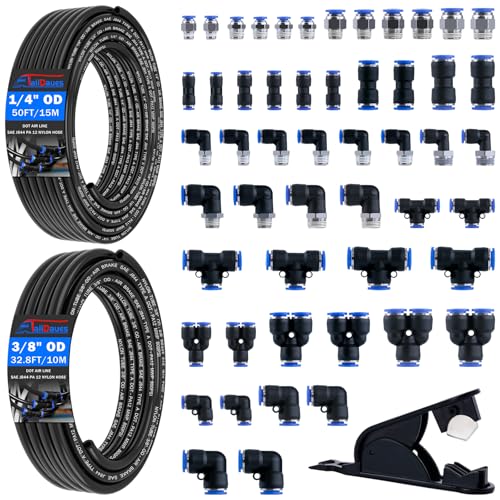 55 Pcs Air Line Tubing Kit,1/8"1/4"3/8"1/2" Air Line Quick Connect Air Hose Fittings with 1/4" OD x 50 FT (15m) DOT Air Line & 3/8" OD x 32.8 FT (10m) for Pneumatic System Or Fluid Transfer - size: 55PCS & 50FT 1/4"+3/8" Air Line
