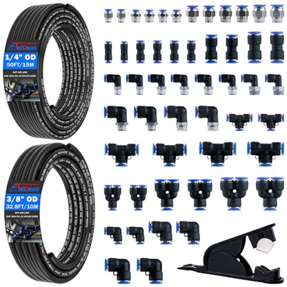 55 Pcs Air Line Tubing Kit,1/8"1/4"3/8"1/2" Air Line Quick Connect Air Hose Fittings with 1/4" OD x 50 FT (15m) DOT Air Line & 3/8" OD x 32.8 FT (10m) for Pneumatic System Or Fluid Transfer - size: 55PCS & 50FT 1/4"+3/8" Air Line