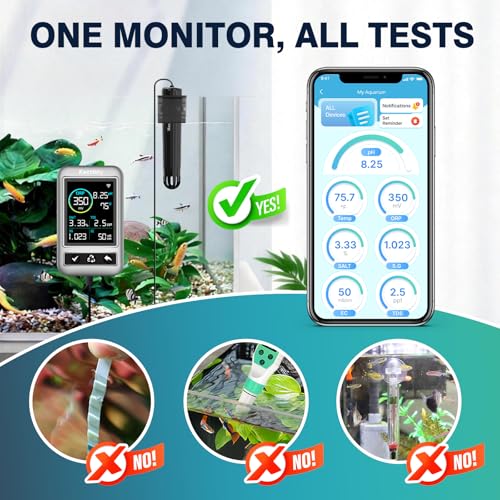 Digital Aquarium Water Tester with App Alerts | 7 Parameter Smart Aquarium Monitor for pH ORP EC TDS Salinity SG Temp, Freshwater & Saltwater Tanks - color: Glossy Black & Metal Gray