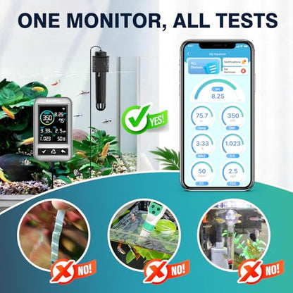 Digital Aquarium Water Tester with App Alerts | 7 Parameter Smart Aquarium Monitor for pH ORP EC TDS Salinity SG Temp, Freshwater & Saltwater Tanks - color: Glossy Black & Metal Gray