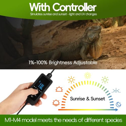 16-Inch UVB Reptile Light, Dimmable UVA UVB Lamp with Timer | 15W 6500K, 4 UVI Modes, Aluminum Fixture, For Turtles, Snakes, Turtle, Bearded Dragons