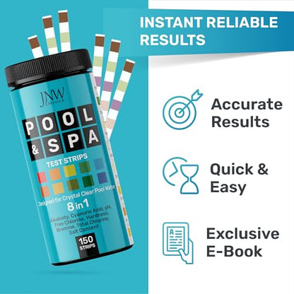 Pool Test Strips 8-in-1, 150 Quick and Accurate Pool and Hot Tub Test Strips - Pool Water Testing Kit for Chlorine, Bromine, pH, Hardness, More - All in 1 Swimming Pool Test Strips by JNW - style: 150 STRIPS - 8 IN 1 POOL TEST STRIPS