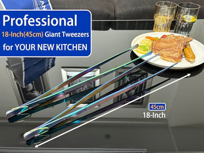 JETKONG 2 Pcs 18 Inch (45cm) Stainless Steel Grill Tongs Heavy Duty Giant Tweezer Tongs, Extra Large Tweezers Tools for Cooking, Grilling, BBQ and Turning Food (Rainbow) - color: Rainbow, size: 18+18 Inch