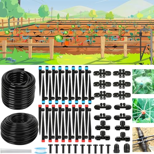 250FT Drip Irrigation System Kit, 50FT 1/2" Main Tube & 200FT 1/4" Tubing, Quick Connect Design, Brass Splitter, Adjustable Emitters & Misting Sprayers for Garden, Lawn, Raised Beds, Outdoor Plants - size: 246FT (46FT 1/2 Inch+200FT 1/4 Inch）
