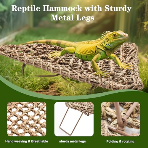 Bearded Dragon Hammock - Reptile Bed Tank Accessories with Collapsible Metal Legs - Basking Platform and Decor for Lizards, Leopard Gecko, Snake, Hermit Crab, Frog - Seagrass Material - Triangle Shape