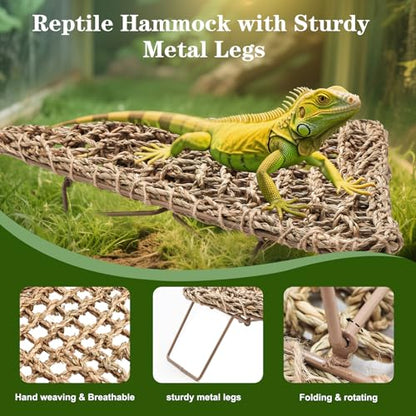 Bearded Dragon Hammock - Reptile Bed Tank Accessories with Collapsible Metal Legs - Basking Platform and Decor for Lizards, Leopard Gecko, Snake, Hermit Crab, Frog - Seagrass Material - Triangle Shape