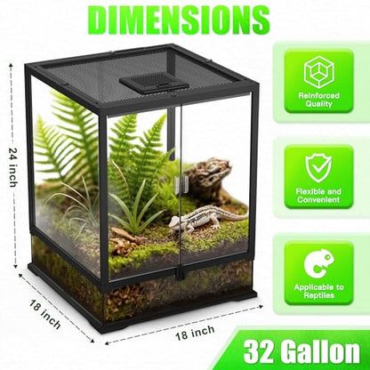 18’’18’’24’’ Reptile Terrarium with Full View Tempered Glass, 32 Gallon Reptile Habitat Comes with Feeding Port and Mesh Top Vent, Suitable for Reptiles Such as Lizard, Gecko and Snake