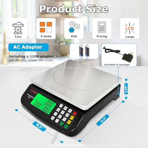 Large Digital Kitchen Scale 40kg/88lb Stainless Steel Price Computing Scale Counting Scale Deli Scale with LCD Display for Baking Bread Cooking Meat Prep Parts and Coins Adapter Included (Black) - color: Black 40kg