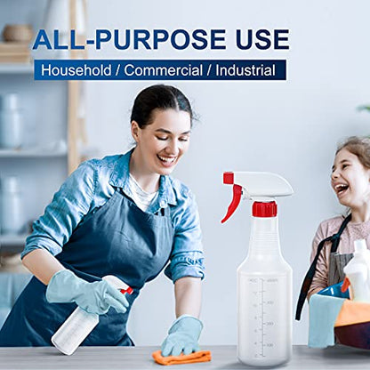 Veco Spray Bottle (2 Pack&2 extra Nozzle,16 Oz) with Measurements and Adjustable Nozzle, HDPE Plastic Spray Bottles for Cleaning Solution, Household/Commercial/Industrial Use, No Leak and Clog - size: 16 oz 2Pack