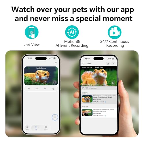 3MP 2K AI Reptile Aquarium Camera, Close-Focus Lens for Fish Tank Terrarium | Angle Magnetic Mount, Dual-Band Wi-Fi 2.4 GHz/5 GHz, 24/7 Recording, Anti-Glare and No Reflection, for Lizards and Snakes