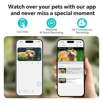 3MP 2K AI Reptile Aquarium Camera, Close-Focus Lens for Fish Tank Terrarium | Angle Magnetic Mount, Dual-Band Wi-Fi 2.4 GHz/5 GHz, 24/7 Recording, Anti-Glare and No Reflection, for Lizards and Snakes