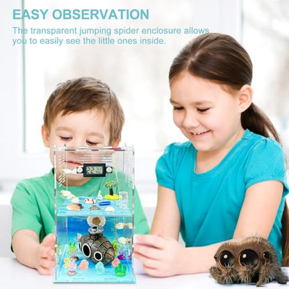 Jumping Spider Enclosure,DIY Insects Habitat,Small Reptile Terrarium Glass House Accessories Set,with Temperature and Humidity Detector Water Feeder Platform Hide,5.5“x5.5”x9.5“ (Ocean) - color: Ocean