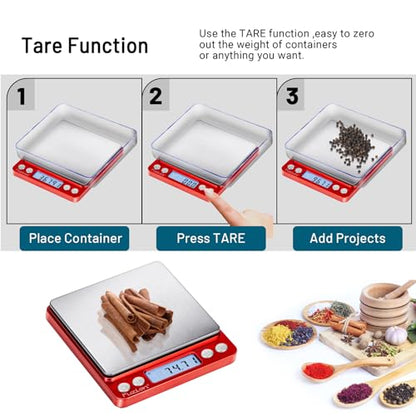 Fuzion Digital Scale .01 Gram Accuracy, 500g Small Kitchen Food Scales | 2 Trays Included for Jewelry, Gold, Herb, Powder, Spice, Coffee, Coin - Weight Gram and Oz - color: Red