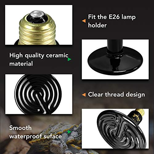 Simple Deluxe 25W/40W/50W/60W/100W/150W Ceramic Heat Emitter Reptile Heat Lamp Bulb No Light Emitting Brooder Coop Heater for Amphibian Pet & Incubating Chicken, Black/1-Pack, 250W