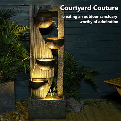 Sunlinua Garden Water Fountains Outdoor 5 Tiered Cascading Bowl Modern Waterfall Fountain with LED Lights, Natural Stones for Garden, Living Room, Patio, Yard Art Decor, 16.3" L * 10.8" W * 49.2" H