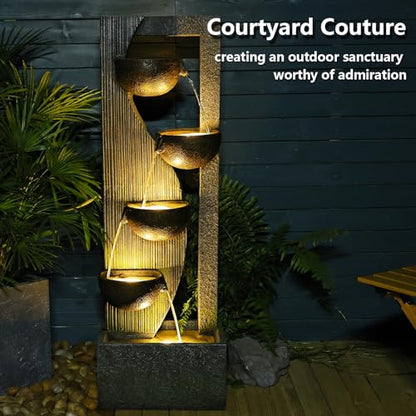 Sunlinua Garden Water Fountains Outdoor 5 Tiered Cascading Bowl Modern Waterfall Fountain with LED Lights, Natural Stones for Garden, Living Room, Patio, Yard Art Decor, 16.3" L * 10.8" W * 49.2" H