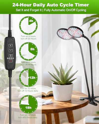 Grow Lights for Indoor Plants Full Spectrum, Clip On Plant Light with Timer 4/8/12/18H, Adjustable Gooseneck, 5 Dimming Levels, LED Grow Lamp for Houseplants - size: 3.6-inch Dual Head