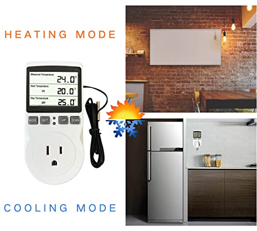 Plug in Thermostat Temperature Controller Heavy Duty Digital Thermostat Outlet Plug Heating Cooling Mode Countdown Timer