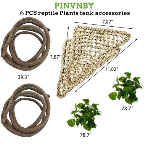 PINVNBY Bearded Dragon Hammock Jungle Climber Vines Flexible Reptile Leaves with Suction Cups Habitat Decor for Climbing, Chameleon, Lizards, Gecko, and Snakes（6 PCS） - size: 6 PCS