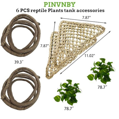 PINVNBY Bearded Dragon Hammock Jungle Climber Vines Flexible Reptile Leaves with Suction Cups Habitat Decor for Climbing, Chameleon, Lizards, Gecko, and Snakes（6 PCS） - size: 6 PCS