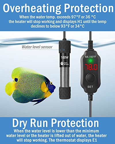 AquaMiracle Aquarium Heater 100W Fish Tank Heater for 10-20 Gal Tanks, LED Digital Display Thermostat Turtle Heater with Out-of-Water Auto Shut-Off, Overheat Protection & Memory Function - size: For 10-20 Gal Tank