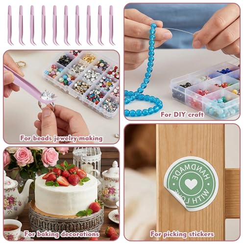Elegaperma 30pcs Craft Tweezers Bulk, Plastic Tweezers for Crafts, 4.5 Inch Bent Tweezer Craft Bulk for Kids DIY Jewelry Making, Crafting, Baking Decoration, Reptile Feeding, Pink