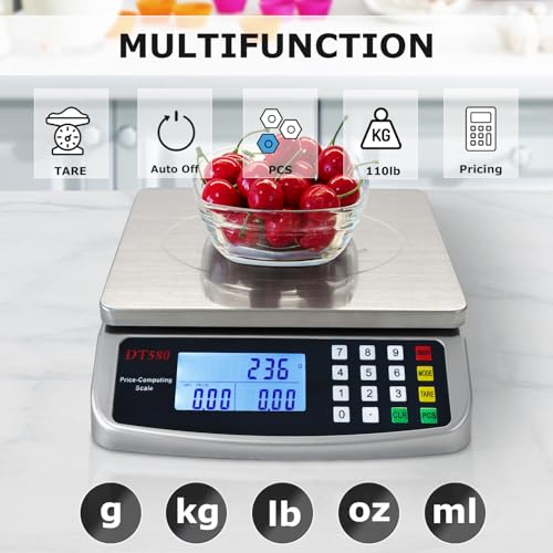 110lb/50kg Food Scale Digital Kitchen Scale with Tray Large LCD Display 304 Stainless Steel Commercial Price Computing Scale Counting Scale for Baking Cooking Meat Industry Counting Adapter Included - color: Silver 50kg with Tray