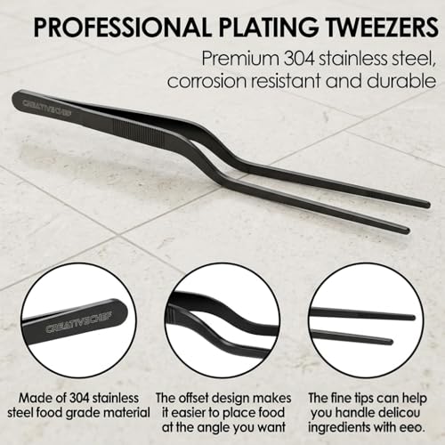 CREATIVECHEF 8 Inch Curved Stainless Steel Precision Kitchen Cooking Multi-function Tweezers Culinary Offset Tweezer Tongs (8" Curved, Bronze) - color: Red