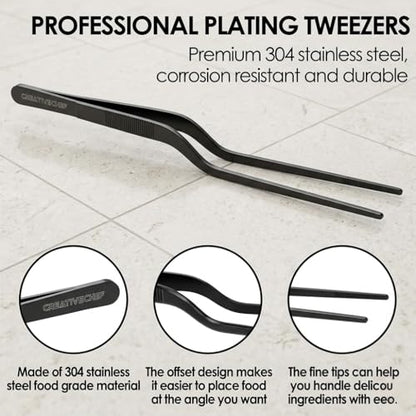CREATIVECHEF 8 Inch Curved Stainless Steel Precision Kitchen Cooking Multi-function Tweezers Culinary Offset Tweezer Tongs (8" Curved, Bronze) - color: Red