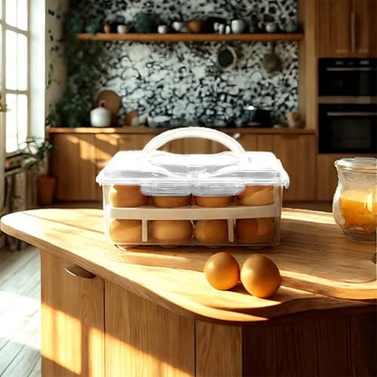 Ortable Large Capacity Double-layers Egg Storage Container Holds 24 Eggs Shatter-proof Non-slip Eggs Holder with Handle (White) - color: White