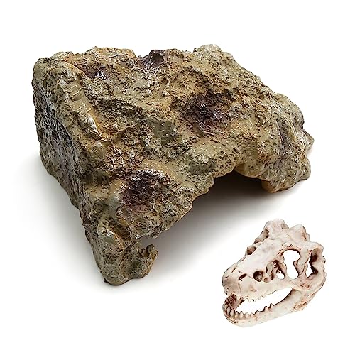 Anxingo Reptile Rock Reptile Cave Hideout for Snakes/Geckos/Lizards/Turtles and Other Amphibians, with Dinosaur Skull (Small) - size: S
