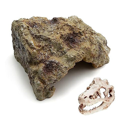 Anxingo Reptile Rock Reptile Cave Hideout for Snakes/Geckos/Lizards/Turtles and Other Amphibians, with Dinosaur Skull (Small) - size: S