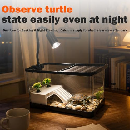Turtle Aquarium with Lamp, High Transparent with Drain Hole & Protective Top, All-in-one Reptile Terrarium Kit with Basking Light, Hideout & Multi-Area Habitat for Small Tortoise Amphibian