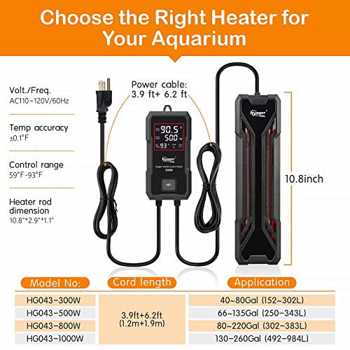 hygger Aquarium Heater 300W/500W/800W/1000W, Submersible Fish Tank Heater | with Digital LED Controller and Intelligent Leaving Water Automatically Stop Heating System, for Freshwater and Saltwater - size: 500W for 65-135 Gallon