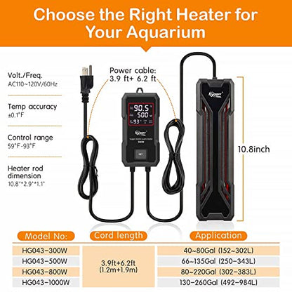 hygger Aquarium Heater 300W/500W/800W/1000W, Submersible Fish Tank Heater | with Digital LED Controller and Intelligent Leaving Water Automatically Stop Heating System, for Freshwater and Saltwater - size: 500W for 65-135 Gallon